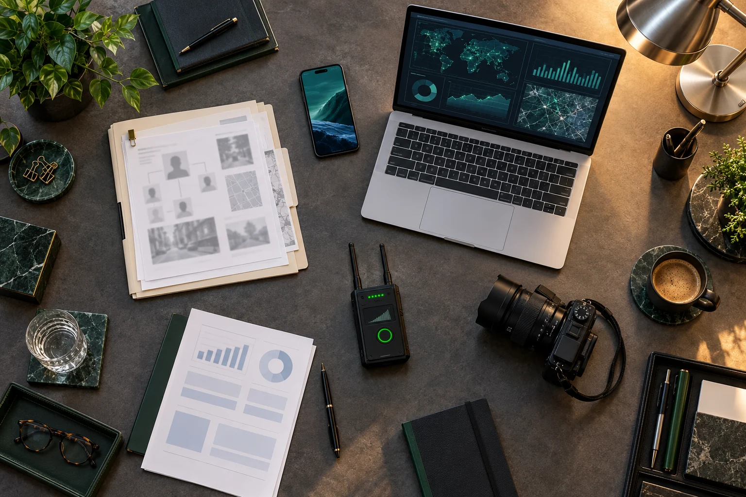 Ilustracyjne biurko: dokumenty, laptop, aparat i akcesoria do pracy