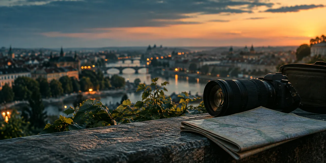 Aparat fotograficzny na tle miasta — ilustracja pracy detektywa.